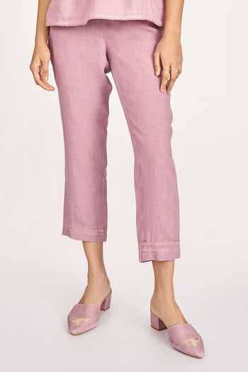 Kaveri_Purple Linen Lace, Tassels, Embroidery Round Neck Rosette Top And Pant Set _Online_at_Aza_Fashions