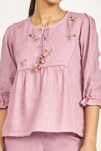 Buy_Kaveri_Purple Linen Lace, Tassels, Embroidery Round Neck Rosette Top And Pant Set _Online_at_Aza_Fashions