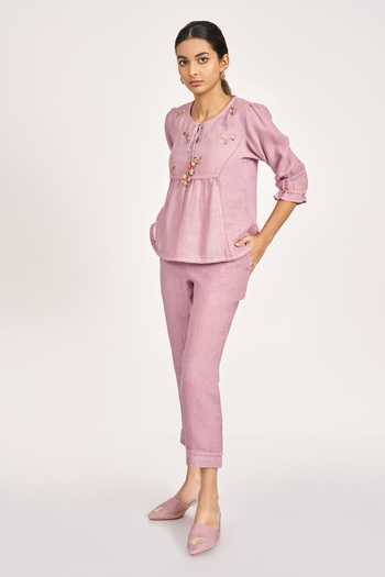 Shop_Kaveri_Purple Linen Lace, Tassels, Embroidery Round Neck Rosette Top And Pant Set _Online_at_Aza_Fashions