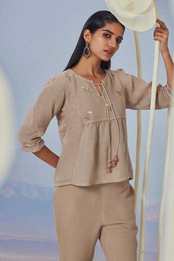 Kaveri_Beige Linen Lace, Embroidery Round Neck Gathered Top And Pant Set _Online_at_Aza_Fashions