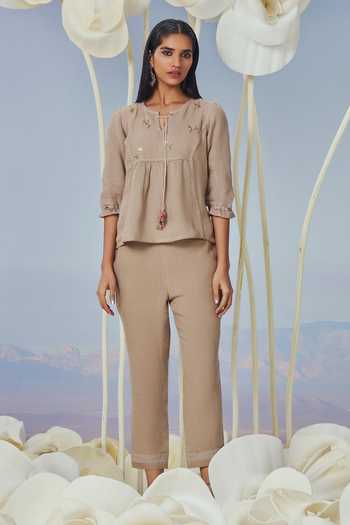 Buy_Kaveri_Beige Linen Lace, Embroidery Round Neck Gathered Top And Pant Set _Online_at_Aza_Fashions