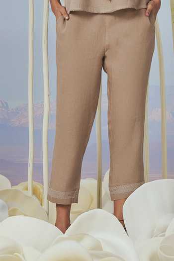 Shop_Kaveri_Beige Linen Lace, Embroidery Round Neck Gathered Top And Pant Set _Online_at_Aza_Fashions