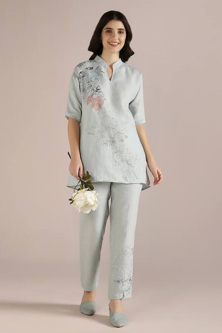 Kaveri_Blue Linen Embroidery Collared, Split Poppy Jane Floral Pattern Top With Pant _Online_at_Aza_Fashions