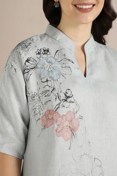 Shop_Kaveri_Blue Linen Embroidery Collared, Split Poppy Jane Floral Pattern Top With Pant _Online_at_Aza_Fashions