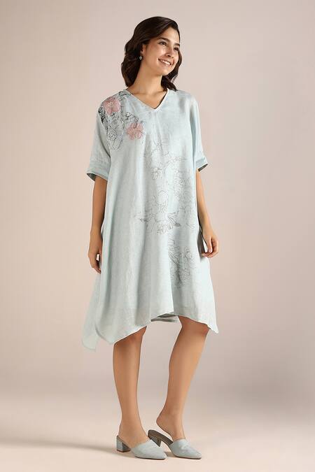 Kaveri_Blue Linen Embroidery V-neck Poppy Flower Pattern Dress _Online_at_Aza_Fashions