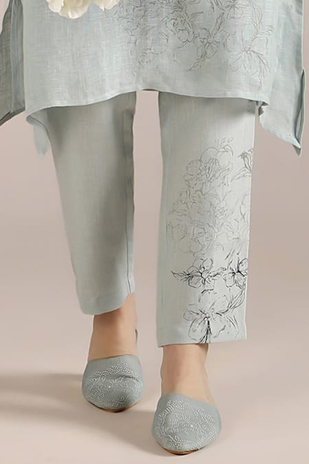 Kaveri_Blue Linen Embroidery Collared Poppy Fly Free Tunic With Pant _Online_at_Aza_Fashions