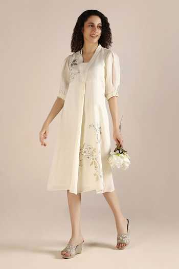Kaveri_Off White Linen Embroidery Square Neck Camelia Hand Printed Dress _Online_at_Aza_Fashions
