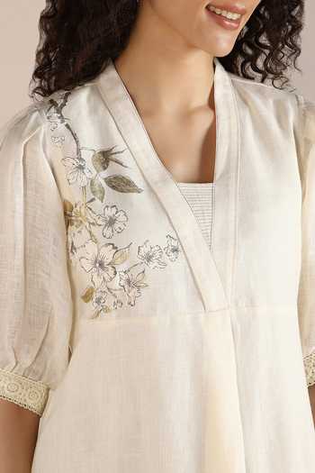 Buy_Kaveri_Off White Linen Embroidery Square Neck Camelia Hand Printed Dress _Online_at_Aza_Fashions