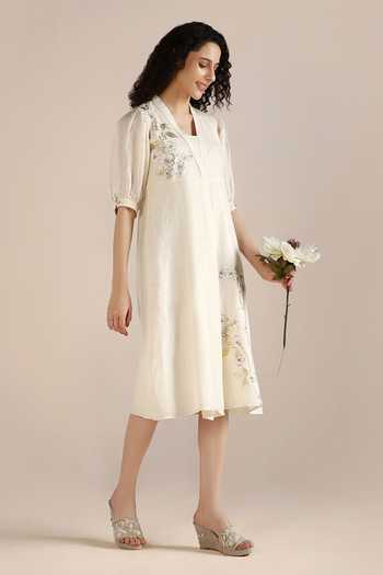 Shop_Kaveri_Off White Linen Embroidery Square Neck Camelia Hand Printed Dress _Online_at_Aza_Fashions