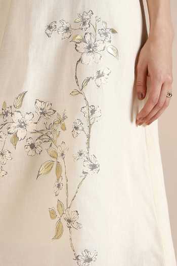 Kaveri_Off White Linen Embroidery Square Neck Camelia Hand Printed Dress _at_Aza_Fashions