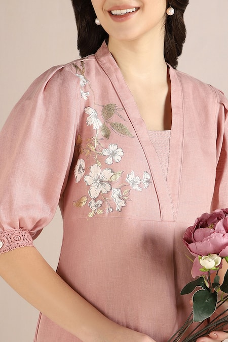 Kaveri_Pink Linen Embroidery Square Neck Camelia Floral Pattern Dress _Online_at_Aza_Fashions