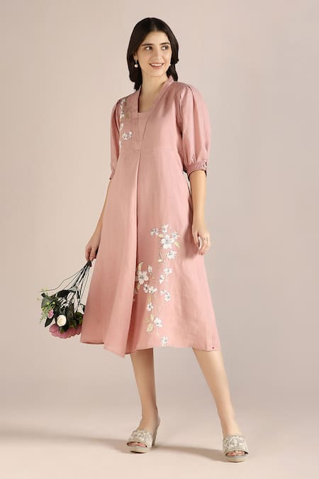 Buy_Kaveri_Pink Linen Embroidery Square Neck Camelia Floral Pattern Dress _Online_at_Aza_Fashions