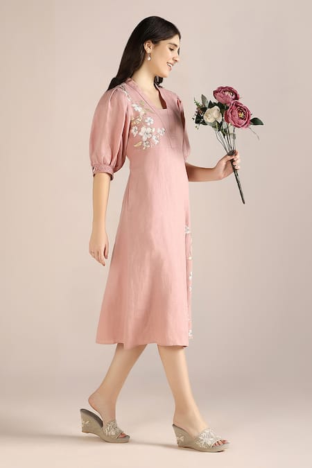 Shop_Kaveri_Pink Linen Embroidery Square Neck Camelia Floral Pattern Dress _Online_at_Aza_Fashions