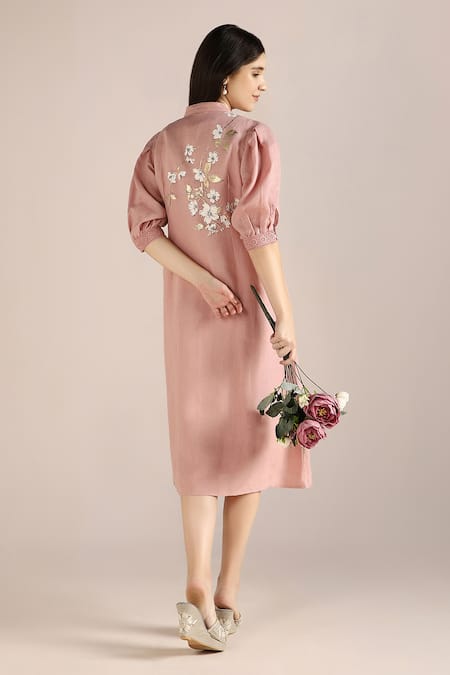 Kaveri_Pink Linen Embroidery Square Neck Camelia Floral Pattern Dress _at_Aza_Fashions