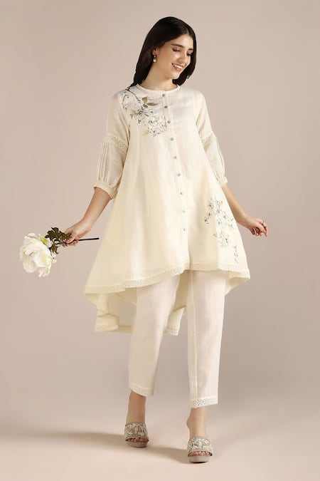 Kaveri_Off White Linen Round Neck Camelia Ice Cream Cone Tunic _at_Aza_Fashions