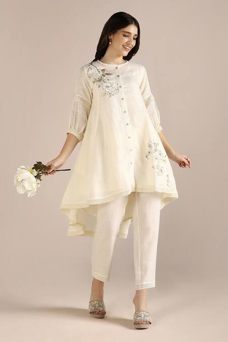 Buy Off White 100% Linen Hand Print Camelia Ice Cream Cone Tunic With Pant  For Women by Kaveri Online at Aza Fashions.