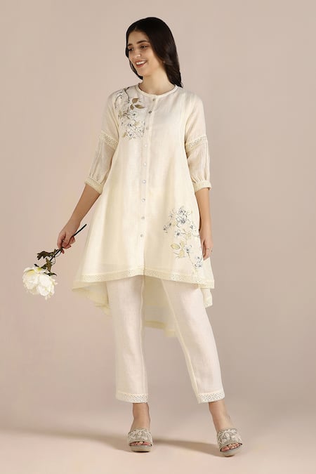 Buy_Kaveri_Off White 100% Linen Hand Print Floral Round Neck Tunic And Pant Set _Online_at_Aza_Fashions