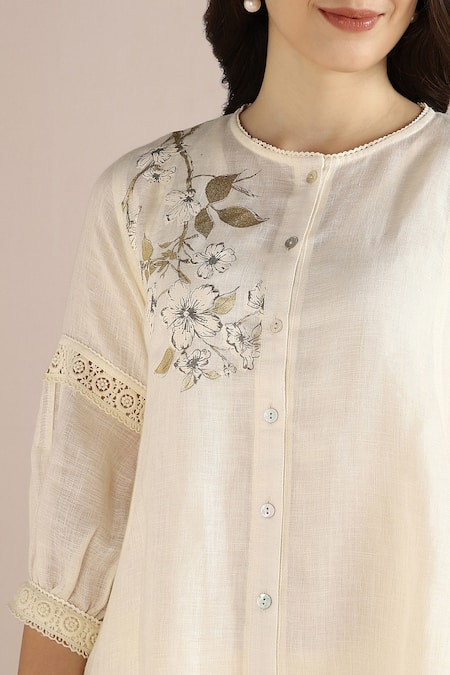 Shop_Kaveri_Off White 100% Linen Hand Print Floral Round Neck Tunic And Pant Set _Online_at_Aza_Fashions