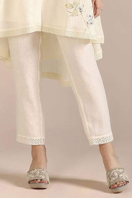 Buy_Kaveri_Off White 100% Linen Hand Print Floral Round Neck Tunic And Pant Set 