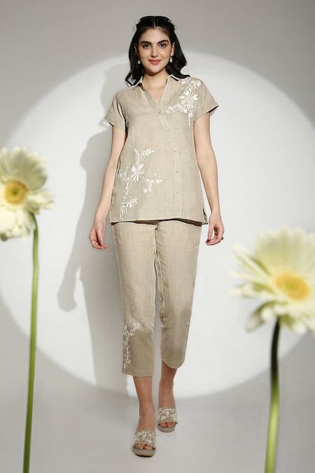 Kaveri Beige Linen Embroidery Collared, V-neck Sundial Wave Top 