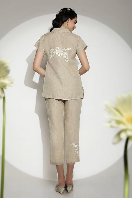 Shop Kaveri Beige Linen Embroidery Collared, V-neck Sundial Wave Top at Aza Fashions Shop_Kaveri_Beige Linen Embroidery Collared, V-neck Sundial Wave Top _at_Aza_Fashions