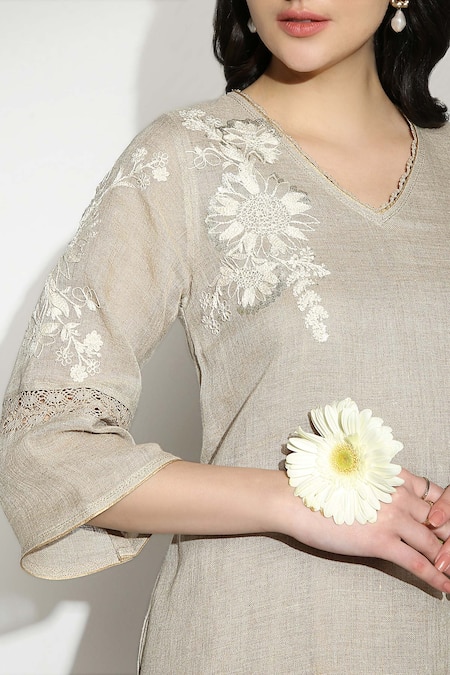 Shop_Kaveri_Beige 100% Linen Embroidered Thread V Neck Fly Free Tunic  _Online_at_Aza_Fashions