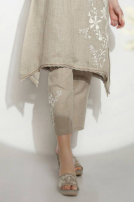 Buy_Kaveri_Beige 100% Linen Embroidered Thread V Neck Fly Free Anchor Tunic And Pant Set _Online_at_Aza_Fashions