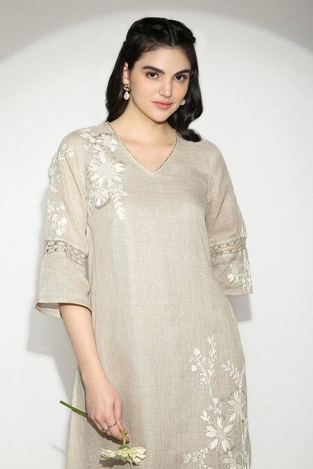 Shop_Kaveri_Beige 100% Linen Embroidered Thread V Neck Fly Free Anchor Tunic And Pant Set _Online_at_Aza_Fashions