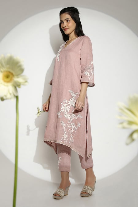 Kaveri_Pink Linen Embroidery V-neck Fly Free Asymmetric Tunic _Online_at_Aza_Fashions