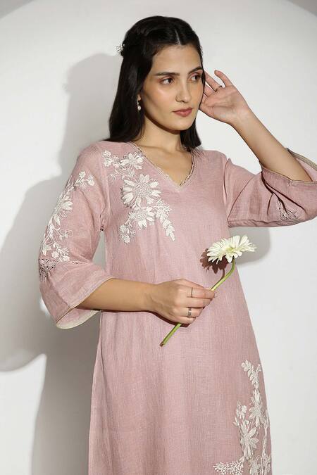 Buy_Kaveri_Pink Linen Embroidery V-neck Fly Free Asymmetric Tunic _Online_at_Aza_Fashions