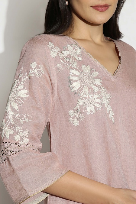 Shop_Kaveri_Pink Linen Embroidery V-neck Fly Free Asymmetric Tunic _Online_at_Aza_Fashions