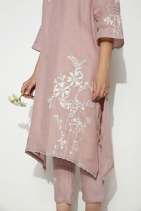 Kaveri_Pink Linen Embroidery V-neck Fly Free Asymmetric Tunic _at_Aza_Fashions