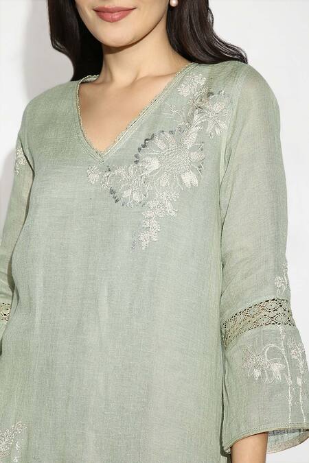 Shop_Kaveri_Green 100% Linen Embroidered Thread V Neck Fly Free Floral Tunic  _Online_at_Aza_Fashions