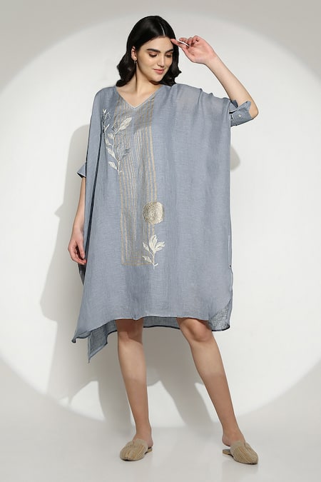 Kaveri_Blue Linen Embroidery V-neck Striped Lead Embellished Midi Dress _Online_at_Aza_Fashions