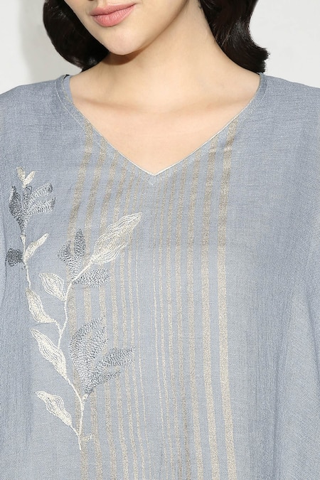 Buy_Kaveri_Blue Linen Embroidery V-neck Striped Lead Embellished Midi Dress _Online_at_Aza_Fashions