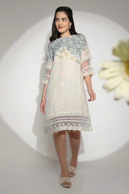 Buy Off White 100 Linen Embroidered Screen Print Floral Midi