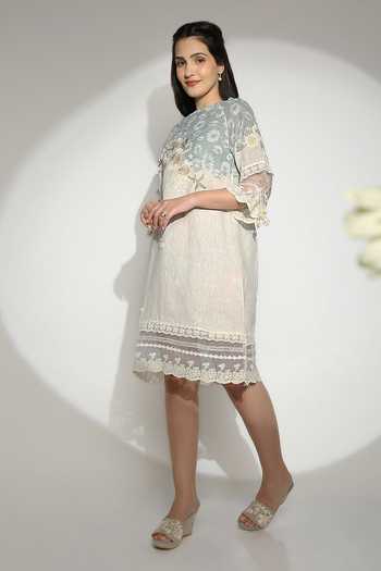 Buy_Kaveri_Off White Linen Tassels, Embroidery Round Neck Screen Print Floral Midi Dress _Online_at_Aza_Fashions