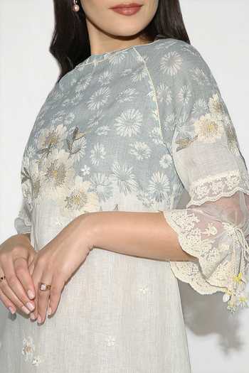Shop_Kaveri_Off White Linen Tassels, Embroidery Round Neck Screen Print Floral Midi Dress _Online_at_Aza_Fashions