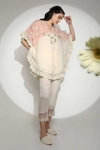Kaveri_Off White Linen Tassels, Embroidery, Lace Croissant Screen Print Top And Pant Set _Online_at_Aza_Fashions