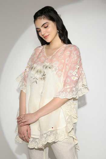 Buy_Kaveri_Off White Linen Tassels, Embroidery, Lace Croissant Screen Print Top And Pant Set _Online_at_Aza_Fashions