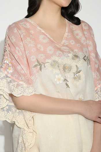 Shop_Kaveri_Off White Linen Tassels, Embroidery, Lace Croissant Screen Print Top And Pant Set _Online_at_Aza_Fashions