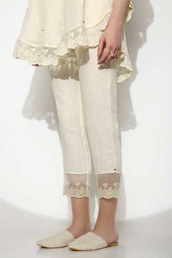 Kaveri_Off White Linen Tassels, Embroidery, Lace Croissant Screen Print Top And Pant Set _at_Aza_Fashions