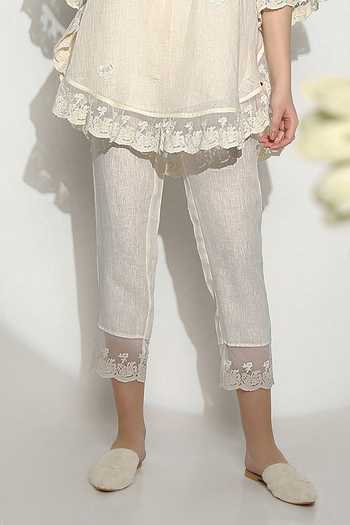 Kaveri_Off White Linen Tassels, Lace V-neck Croissant Embroidered Top And Pant Set _Online_at_Aza_Fashions