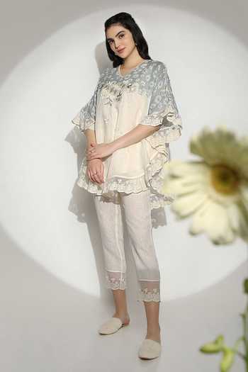 Buy_Kaveri_Off White Linen Tassels, Lace V-neck Croissant Embroidered Top And Pant Set _Online_at_Aza_Fashions