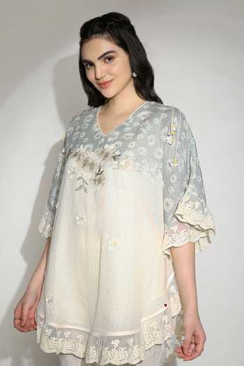 Shop_Kaveri_Off White Linen Tassels, Lace V-neck Croissant Embroidered Top And Pant Set _Online_at_Aza_Fashions