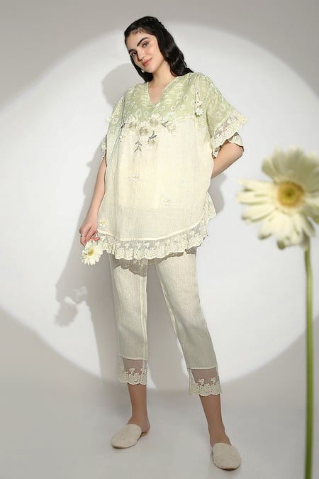 KAVERI Croissant Floral Embroidered Tasseled Top & Pant Set 