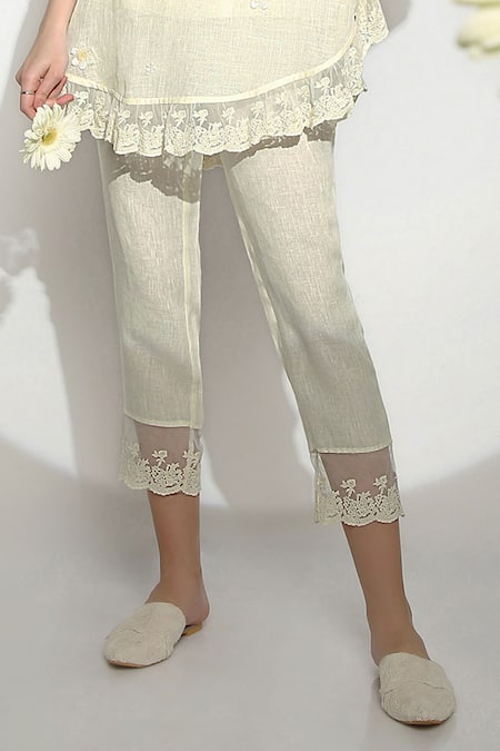 Kaveri_Green Linen Tassels, Embroidery, Lace V-neck Floral Top And Pant Set _Online_at_Aza_Fashions