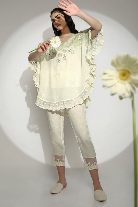Buy_Kaveri_Green Linen Tassels, Embroidery, Lace V-neck Floral Top And Pant Set _Online_at_Aza_Fashions