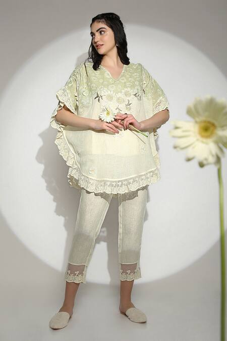 Shop_Kaveri_Green Linen Tassels, Embroidery, Lace V-neck Floral Top And Pant Set _Online_at_Aza_Fashions