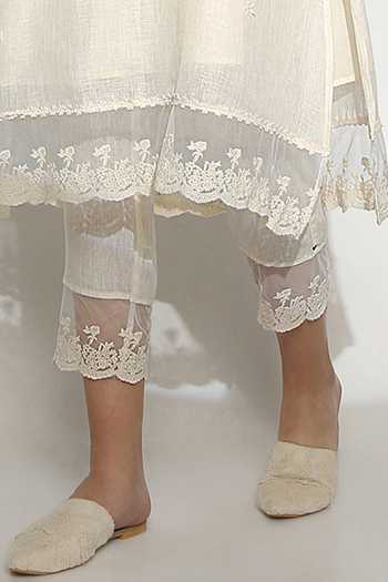 Kaveri_Off White Linen Tassels, Lace Round Curved Fly Free Embroidered Tunic And Pant Set _Online_at_Aza_Fashions
